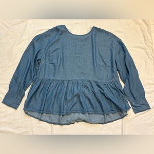 NWT Time and Tru Women's Long Sleeve Crinkle Peplum Top, Size XXL Med Wash
